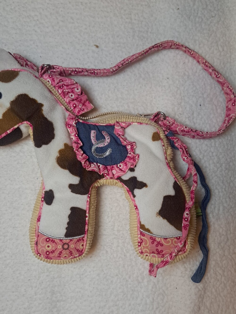 Vintage Douglas Sassy Pet SaPink-Trim Cow Print Plush Crossbody Purse for Kids